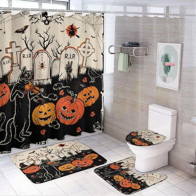 FBMLBRB Funny Halloween Black Cat 4 Pcs Waterproof Shower Curtain Set,Rustic Graveyard Pumpkin Crow Bat Skull Spider Web with Waterproof Toilet Cover Shower Mat Rugs