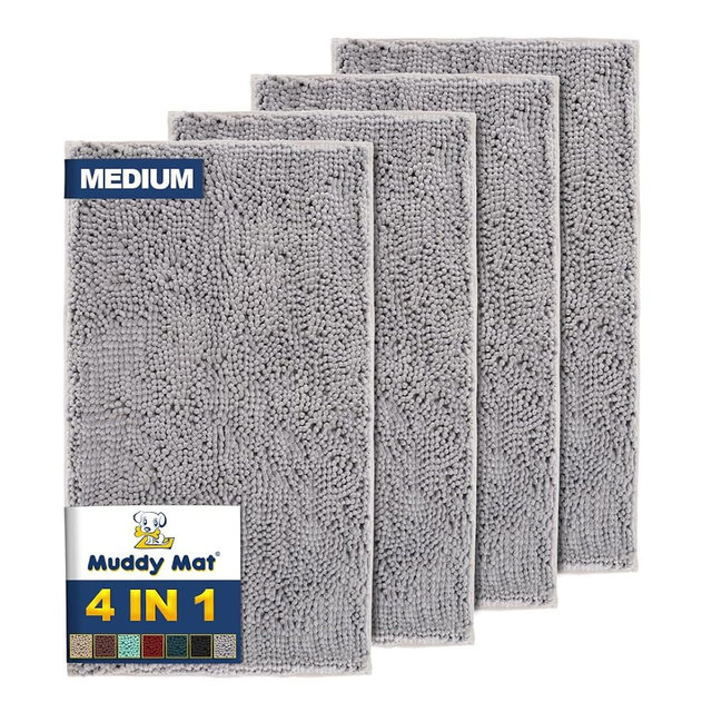 Muddy Mat® 4-Piece Grey Medium 30"X19" AS-SEEN-ON-TV Highly Absorbent Microfiber Door Mat, Bath Mat and Pet Rug, Non Slip Thick Washable, Soft Chenille for Kitchen Bathroom Bedroom Indoor and Outdoor