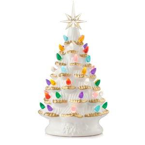 Casafield - 12-in Hand Painted Ceramic Christmas Tree - Pre-Lit Tree with Star - White - Gold