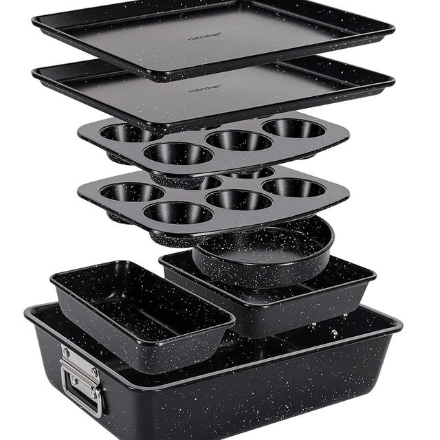 NutriChef 8-Piece Stackable Bakeware Set | Carbon Steel Non-Stick Baking Pan Set | Includes Sheet, Muffin, Round, Loaf, Square Cake & Deep Pans | No PFOA & PFOS | Oven Safe to 450 F (Black Marble)