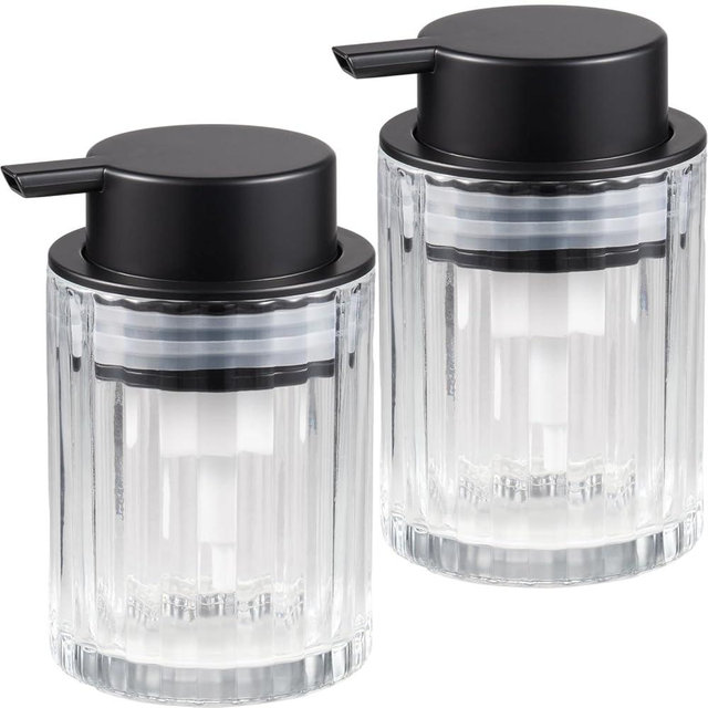 Amolliar Foaming Soap Dispenser, Plastic Pump & Glass Soap Bottle, Refillable 8OZ Hand Soap Dispenser, Dish Soap Dispenser for Kitchen, Bathroom Accessories Set, Home Decor Dispenser (Black 2 Pack)