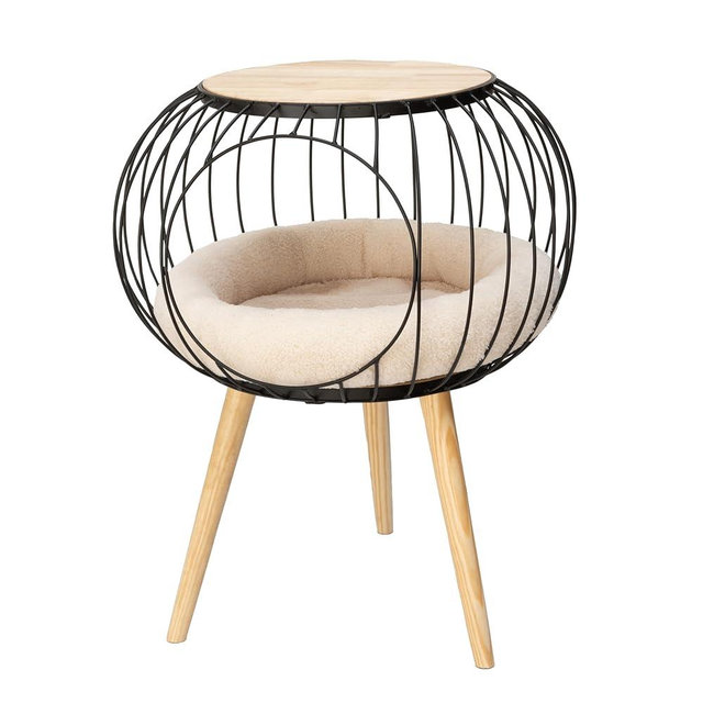Kitty City Modern Cat Bed with Wooden Side Table, Elevated Indoor Cat Lounge Furniture with Removable Sherpa Cushion, Stylish Cat Bed for Home Décor