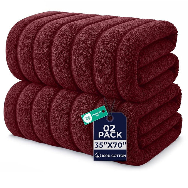 DAN RIVER Pack of 2 Bath Sheet 35x70 Inches, Ribbed Jumbo Bath Towels, Soft and Absorbent Extra Large Towels - Pomegranate