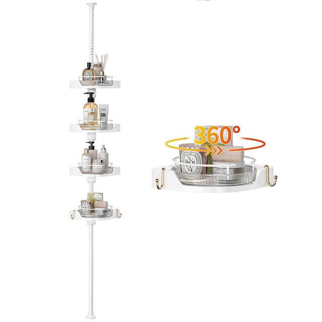 akinbas Shower Caddy Tension Pole with 4 L-Lazy Susan Organizer 360 Rotating 35-128 Inch No Drilling Floor Standing Shelves Adjustable Shower Rack for Bathroom Corner (White)
