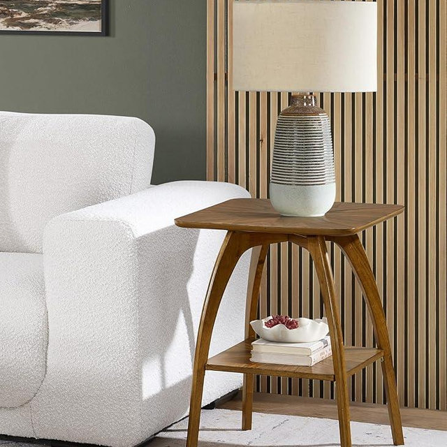 Sandstone Home LAX Mid-Century Modern Square End Table with Starburst Top – 18” Accent Table with Shelf, Warm Caramel Brown Finish, Retro Side Table or Nightstand for Living Room or Bedroom