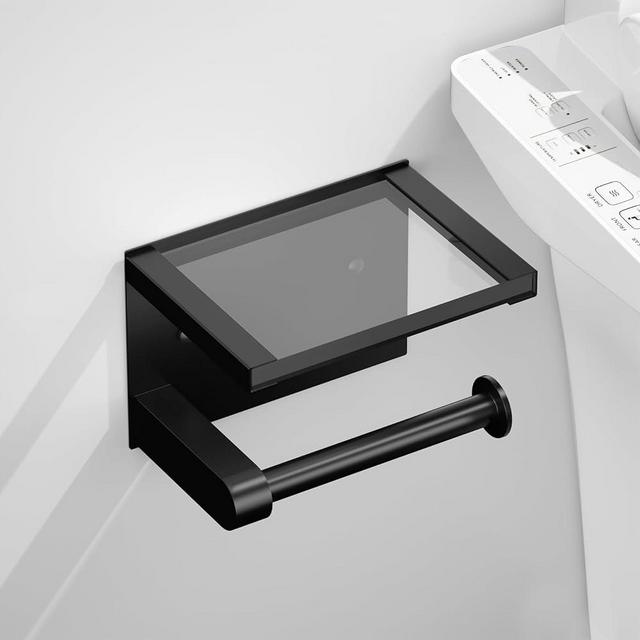 ASTOFLI Acrylic Toilet Paper Holder with Shelf, Rustproof Matte Black Toilet Paper Holder Wall Mount, Toilet Paper Roll Holder, Toilet Tissue Holder for Bathroom, Self Adhesive Toilet Paper Holder