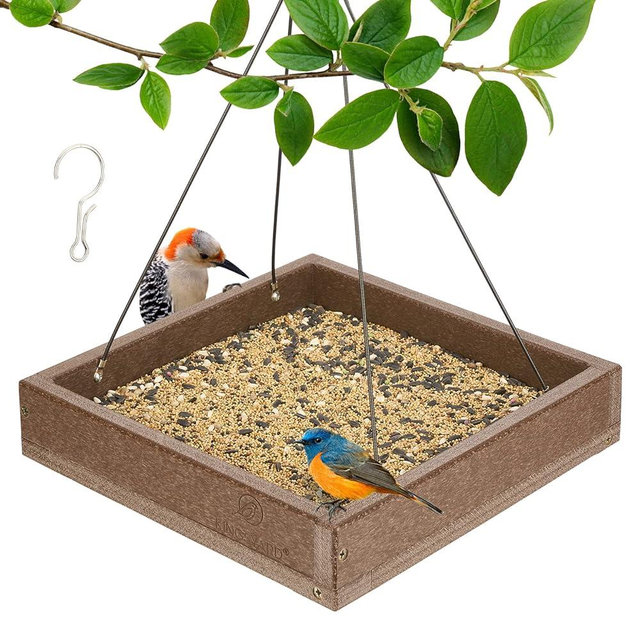 Kingsyard Platform Bird Feeder for Outside, Recycled Plastic Hanging Tray Bird Feeders with Large Capacity 3.5 lbs, Premium Quality & Durable, Great for Attracting Wild Birds, Brown