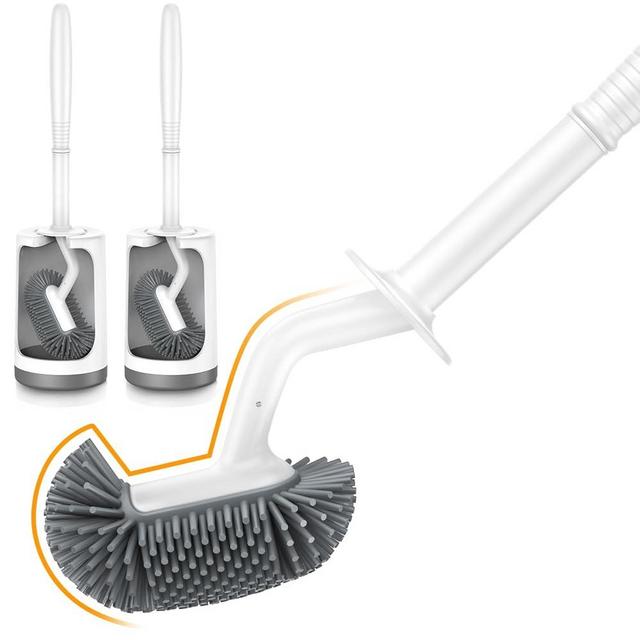 Toilet Bowl Brush Holder Set: Deep Cleaning Silicone Toilet Scrubber Under Rim Curved Bristle Compact Brush for Bathroom Small Space - Modern Rv Toilet Decorative Accessories 2 Pack- White
