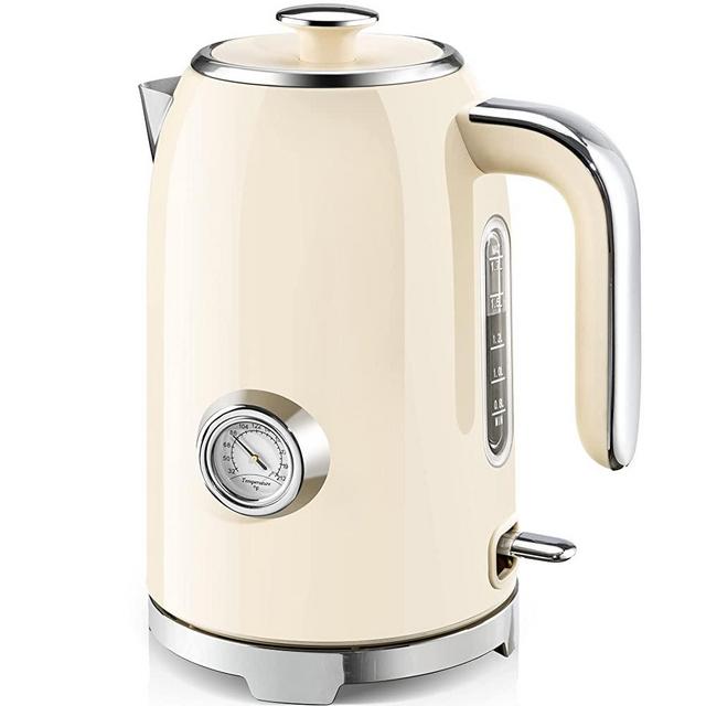 SUSTEAS Electric Kettle, 57oz Hot Tea Kettle Water Boiler with Thermometer, 1500W Fast Heating Stainless Steel Tea Pot, Cordless with LED Indicator, Auto Shut-Off & Boil Dry Protection, Beige
