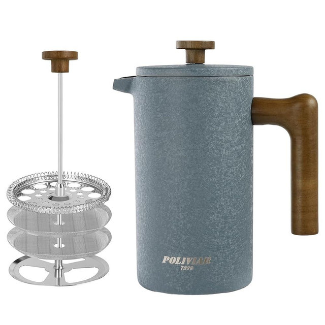 POLIVIAR French Press Coffee Maker, 34 Ounce Coffee Press with Real Wood Handle, Double Wall Insulation & Dual-Filter Screen, Food Grade Stainless Steel for Good Coffee and Tea JX2023-FPLU