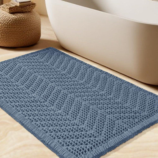 Upgrade Waffle Bath Mat, Boho Bathroom Rugs Absorbent Non Slip, Ultra Soft Bathroom Mat, Machine Washable Knit Bath Rugs with Herringbones for Bathroom, Bedroom, Kitchen, Shower, Tub, 36"x24", Blue