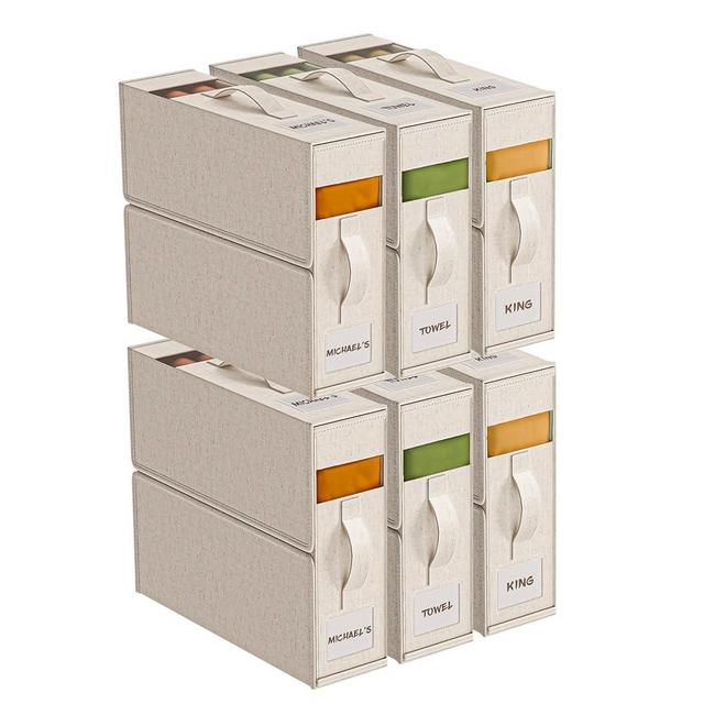 6Pack Linen Sheet Organizers for Linen Closet - King/Queen Size Bedding Storage Boxes with Clear Window | Foldable, Dustproof Sheet Storage Organizer for Blankets & Sheet Sets,Off-white