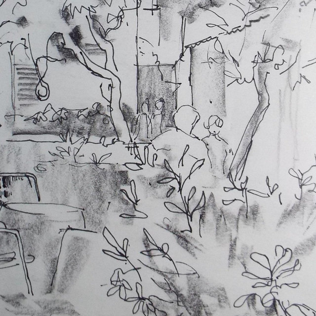 Original Pen & Ink, Garden with Figures', 1980's, Michael Stone b1922