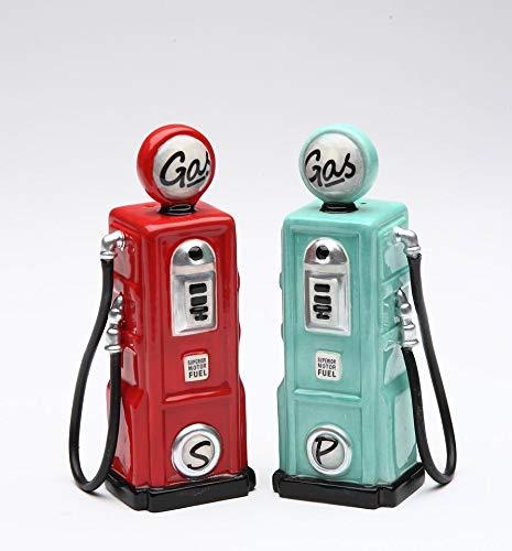 Fine Ceramic Red and Blue Nostalgia Old Fashioned Gas Pump Salt & Pepper Shakers Set, 4-1/4" H