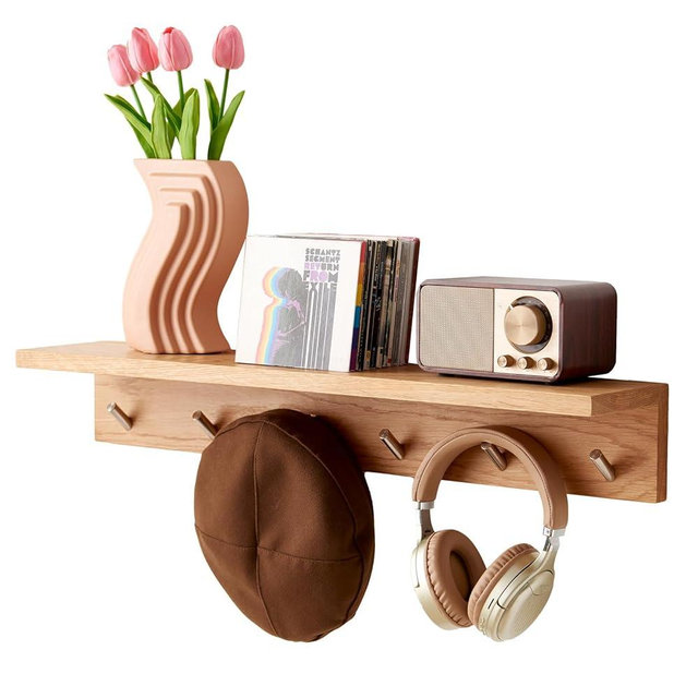 Oak Wood Wall Shelf with 6 Hooks, Entryway Shelf Coat Rack with Hooks Floating Shelves with Hooks for Clothes Hats Towel Purse Robes, Bathroom Mudroom Bedroom (27.5 inch)