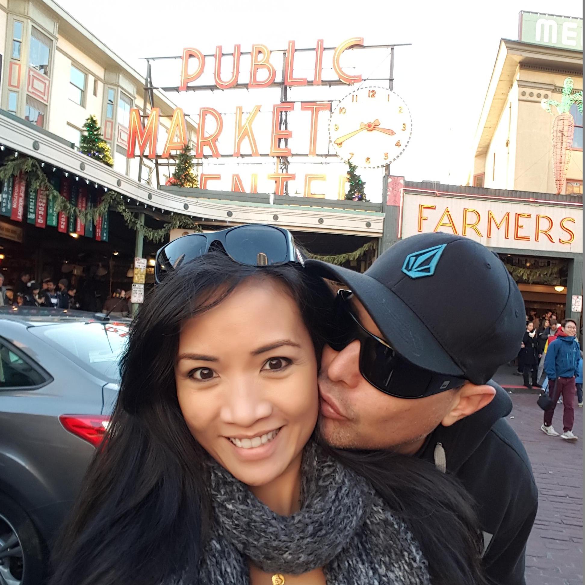 While in Seattle, checking out the Public Market and sneaking a kiss!