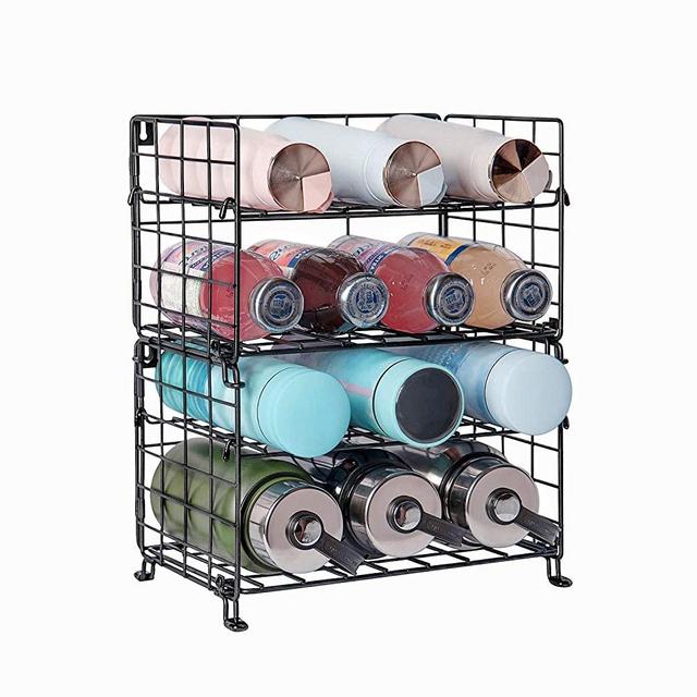 X-cosrack Adjustable Water Bottle Organizer,4-Tier Wall-Mounted Water Bottle Holder, Stackable Water Bottle Storage Rack for Kitchen Countertops,Pantry, Cabinet,Black(Patent Pending)