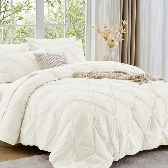 Sasttie Queen Comforter Set, 7-Piece Bed in a Bag, Pintuck Bedding Sets for All Season, Includes Comforter, Flat Sheet, Fitted Sheet, Pillowcases and Pillowshams, Ivory