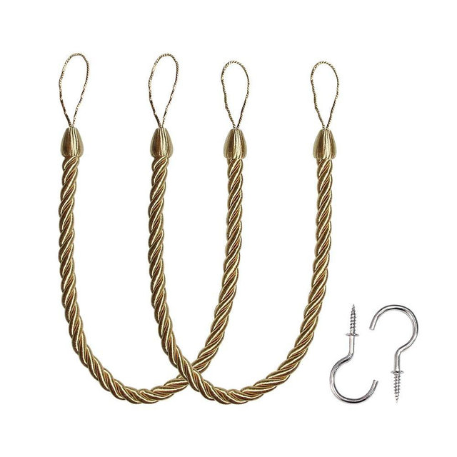 BEL AVENIR Curtain Ropes Tiebacks Tie-Backs, Curtain Handmade Holdbacks with 2 Metal Screw Hooks - Golden 2 Pack
