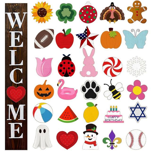 Yalikop Interchangeable Welcome Sign for Front Porch 47 x 7.9 Inch Wooden Porch Sign with 30 Interchangeable Designed Patterns for Home Farmhouse Halloween Christmas Thanksgiving Decor (Wood Color)