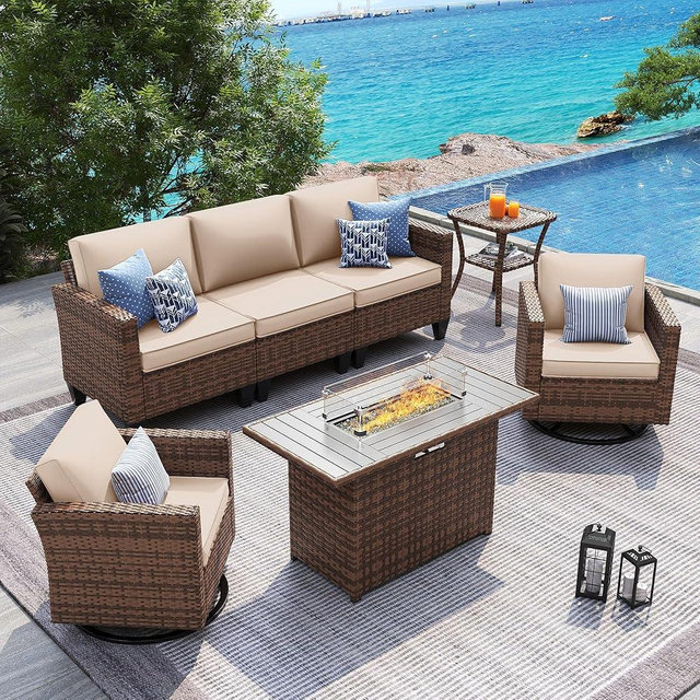 UDPATIO Patio Furniture Set with Fire Pit Table and Swivel Rocking Chairs, 5 Pieces Outdoor Wicker Furniture Set with Waterproof Cover, 4'' Thickened Cushion, Khaki