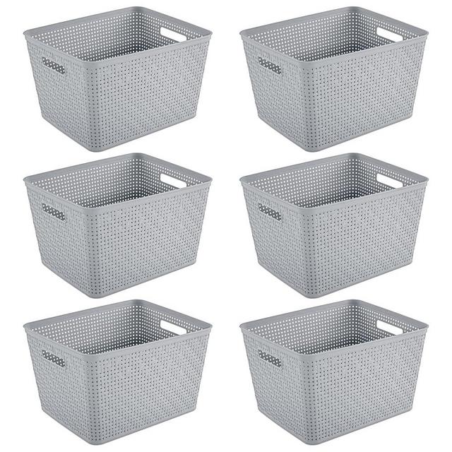 Sterilite 14"Lx8"H Rectangular Weave Pattern Tall Basket w/Handles for Bathroom, Laundry Room, Pantry, & Closet Storage Organization, Cement (6 Pack)