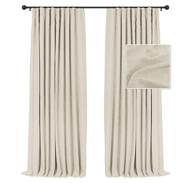 INOVADAY Blackout Curtains, 2-Panel Linen Textured 100% Thermal Insulated Room Darkening Sun Blocking Drapes for Bedroom, Nursery, Living Room + 20 Curtain Ring Clips - Natural Flax W50”xL84”
