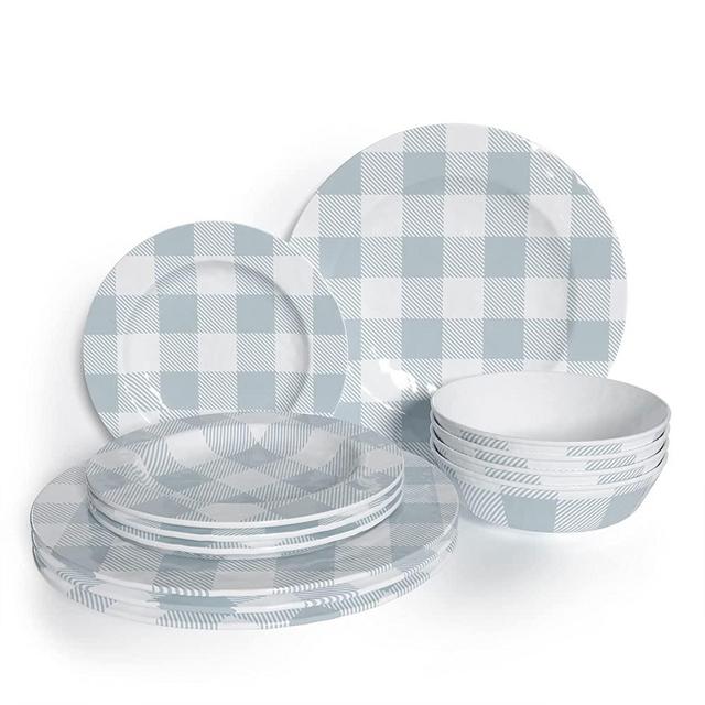 Barnyard Designs 12 pc Rustic Melamine Dinnerware Set, Durable Chip Resistant Dishware Outdoor, Cabin or Farmhouse Dinnerware Sets, Farmhouse Dishes, Melamine Plates and Bowl Sets, Set for 4, Blue