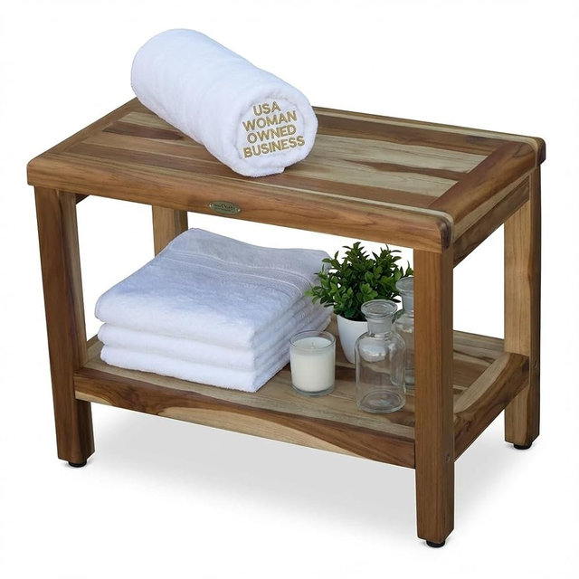 EcoDecors Eleganto 24 Inch Natural Color Waterproof Teak Wood Shower Bench Stool Seat Chair For Inside Shower Provides Safety, Storage, and Organization For Bathroom Accessories