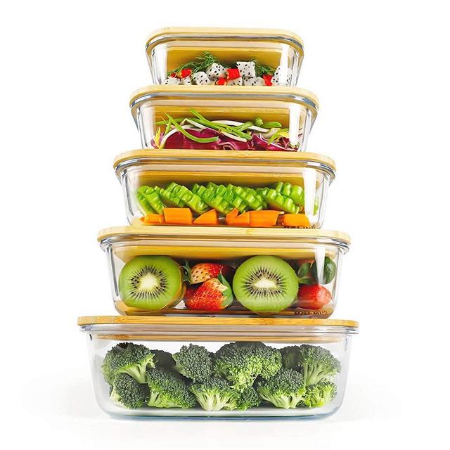 Glass Food Storage Containers With Bamboo Lids, Eco-Friendly Meal Containers, PLANET AVENUE, 5-Piece Set, Meal Prep Glass Containers, Microwave Dishwasher Oven Safe