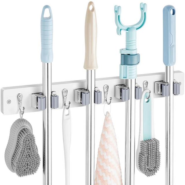 OUTNILI White Mop Broom Holder Wall Mount with 4 Slots & 4 Hooks - Wood Broom Mop Hanger for Pantry Closet Laundry Room Organization - Heavy Duty Garden Tool Organizer - White Kitchen Decor