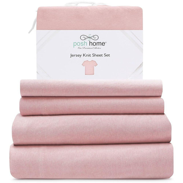 Posh Home Jersey Knit Sheet Set – 4-Piece Jersey Bed Sheets – T-Shirt Breathable & Soft Cotton Jersey Sheets - Includes Flat Sheet, Jersey Fitted Sheet, & 2 Pillowcases - Queen Jersey Sheets, Pink
