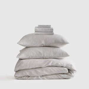 European Linen Stripe Deluxe Bedding Bundle in Mist/white Stripe Queen