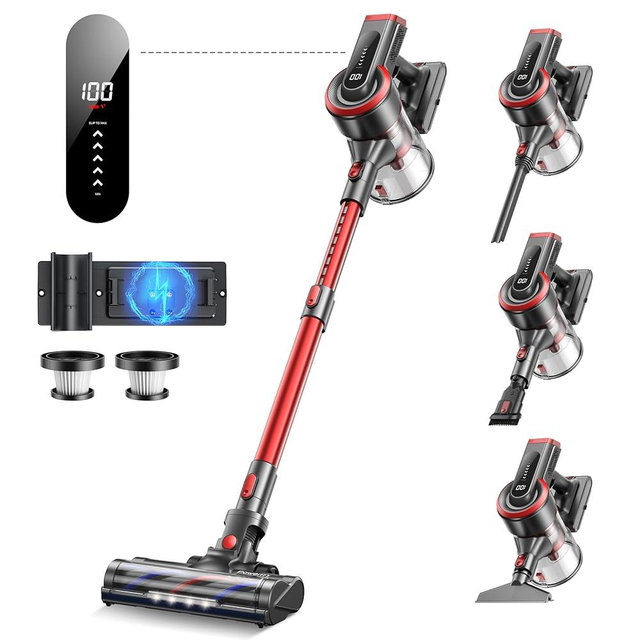 Powerffy Cordless Vacuum Cleaner, 450W 40KPA Up to 55 Mins Cordless Stick Vacuum Cleaner with Charging Station, LED Touch Display, Anti-Tangle Handheld Vacuum Cleaners for Home/Pet Hair/Carpets/Floors
