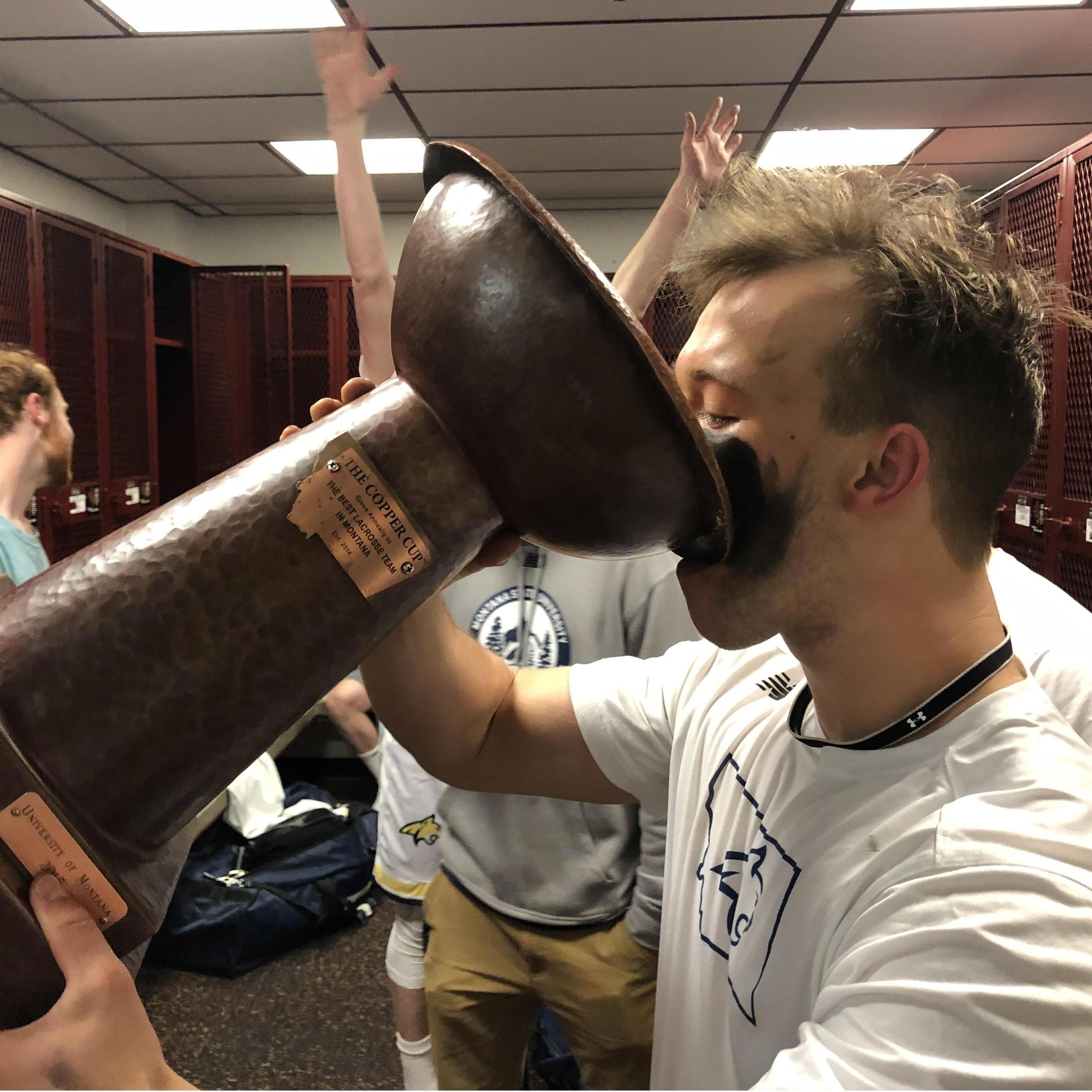 Casey celebrating a Brawl of the Wild victory over the Griz; Go Cats!