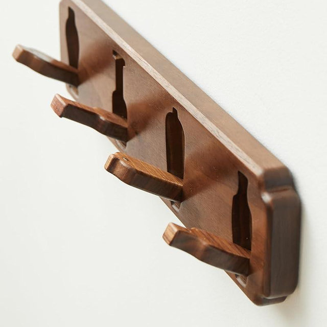 Vinoil Wall-Mounted Wooden Coat Rack, with 4 Foldable Hooks – Space-Saving Black Walnut Wooden Organizer for Entryway, Bedroom, Bathroom, or Kitchen – Modern Minimalist Vase Design