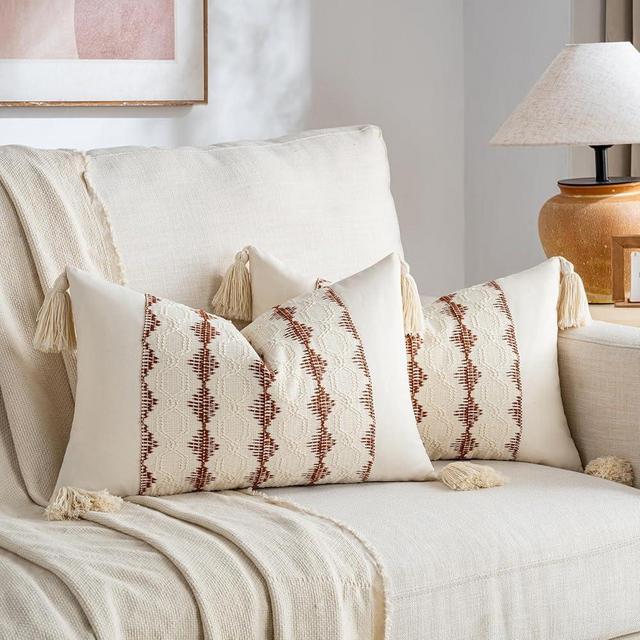 Fancy Homi Set of 2 Rust Boho Lumbar Decorative Throw Pillow Cover 12x20 Inch for Couch Bed Sofa, Aesthetic Organic Fall Room Decor, Soft Cotton Cute Terracotta Farmhouse Cushion Case with Tassels