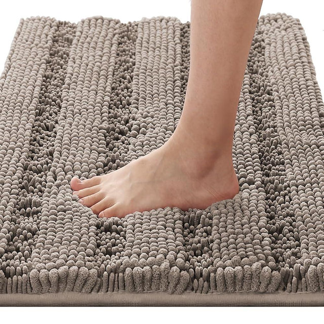 H.VERSAILTEX Bathroom Rugs Bath Rugs for Bathroom Non Slip Bath Mats Extra Thick Chenille Striped Rug 17" x 24" Absorbent Soft Shaggy Washable Dry Fast Bath Mats for Bath Room Floor - Taupe