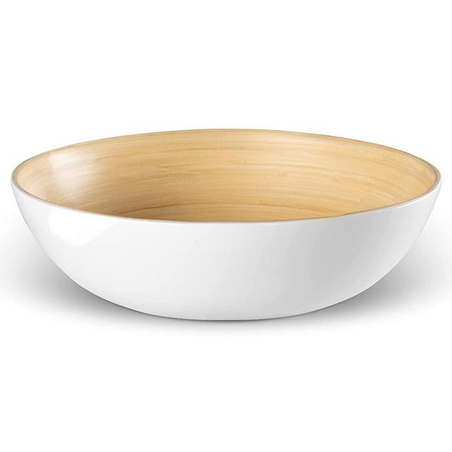 LEXA Bamboo Salad Bowl 12 Inch Lightweight Popcorn Bowl, Extra Large Serving Bowl or Chip Bowl for Party Snacks, Handcrafted Salad Bowls Large Serving (Ceramic White)