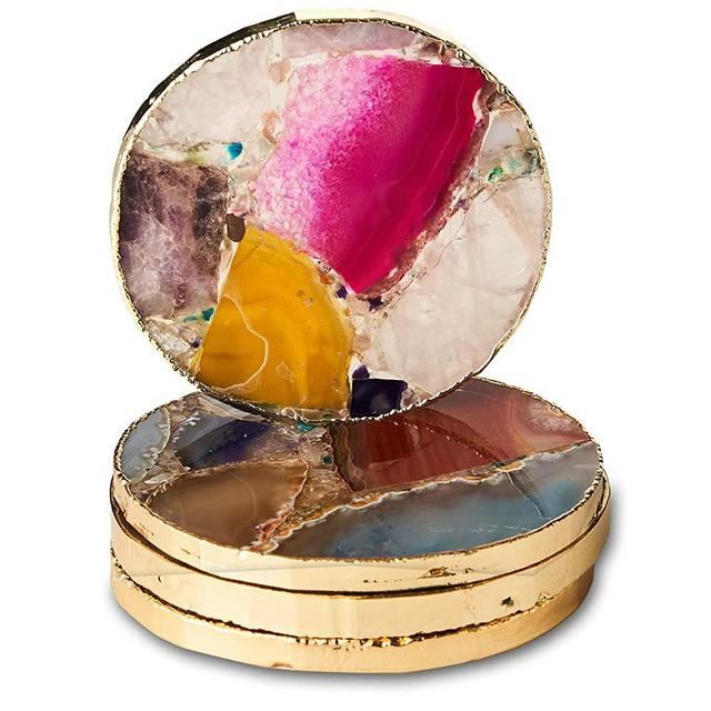 Rainbow Agate Coasters Set of 4, Natural Crystal Coaster for Drinks, Geode Coasters with Gold Edge, Agate Slice Stone Coasters for Coffee Table, Wooden Table, Home Decor