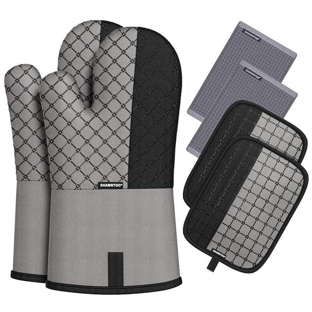 Oven Mitts and Pot Holders Sets 6pcs, Kitchen Oven Glove,High Heat Resistant 550 Degree Extra Long Oven Mitts and Potholders with Non-Slip Silicone Surface for Home Essentials (Grey) (Gray 2)