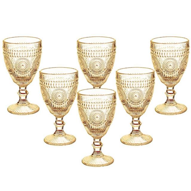 Vintage Wine Glasses Set of 6, 10 Ounce Colored Glass Water Goblets, Unique Embossed Pattern High Clear Stemmed Glassware Wedding Party Bar Drinking Cups Floral Amber 6 Pack