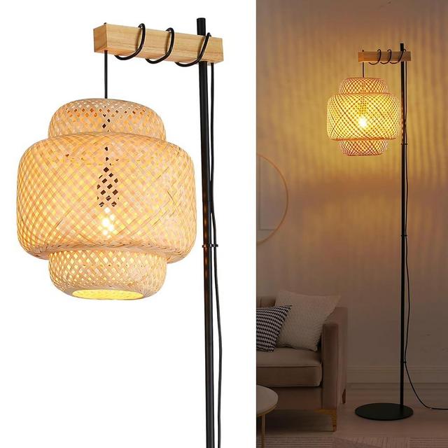 Casamoon Farmhouse Rattan Floor Lamp, Modern Adjustable Hand-Woven Rattan Shade Boho Floor Lamp, Wicker Bamboo Floor Lamp for Bedroom, Living Room, Indusrial Tall Standing Light Lamp Corner, Black