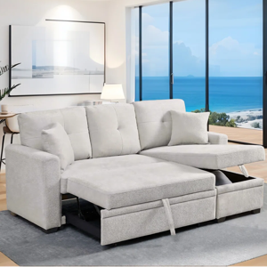 Modern Reversible Sleeper Sectional Sofa With Right Storage Chaise - Beige, 34" H x 76.5" W x 50" D