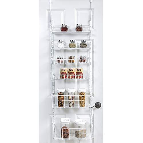 Smart Design Over The Door Adjustable Pantry Organizer Rack w/ 6 Adjustable Shelves - Large 58 Inch - Steel Construction w/ Hooks & Screws - for Cans, Food, Misc. Item - Kitchen [White]