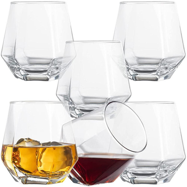 Diamond Glasses - Stemless Wine Glass Set of 6 - Geometric Tilting Design - Rolling Whiskey Glasses - Stem Less Anti Rocking Cup Diamonds Shaped - Tilted Glassware Drinking Tumblers for Wiskey/Wine