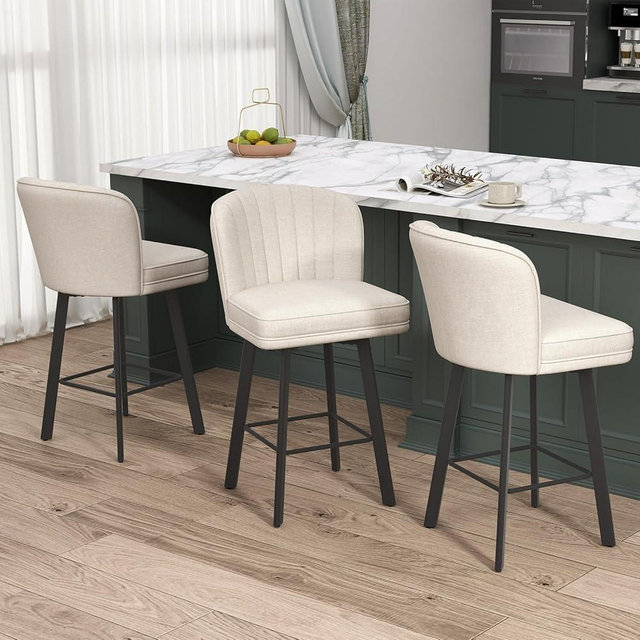 SAECKBERG Swivel Counter Height Bar Stools Set of 3, 26'' Modern Barstools with Backs and Metal Legs, Upholstered Bar Chairs, Beige, Fabric Stools for Kitchen Island Chairs