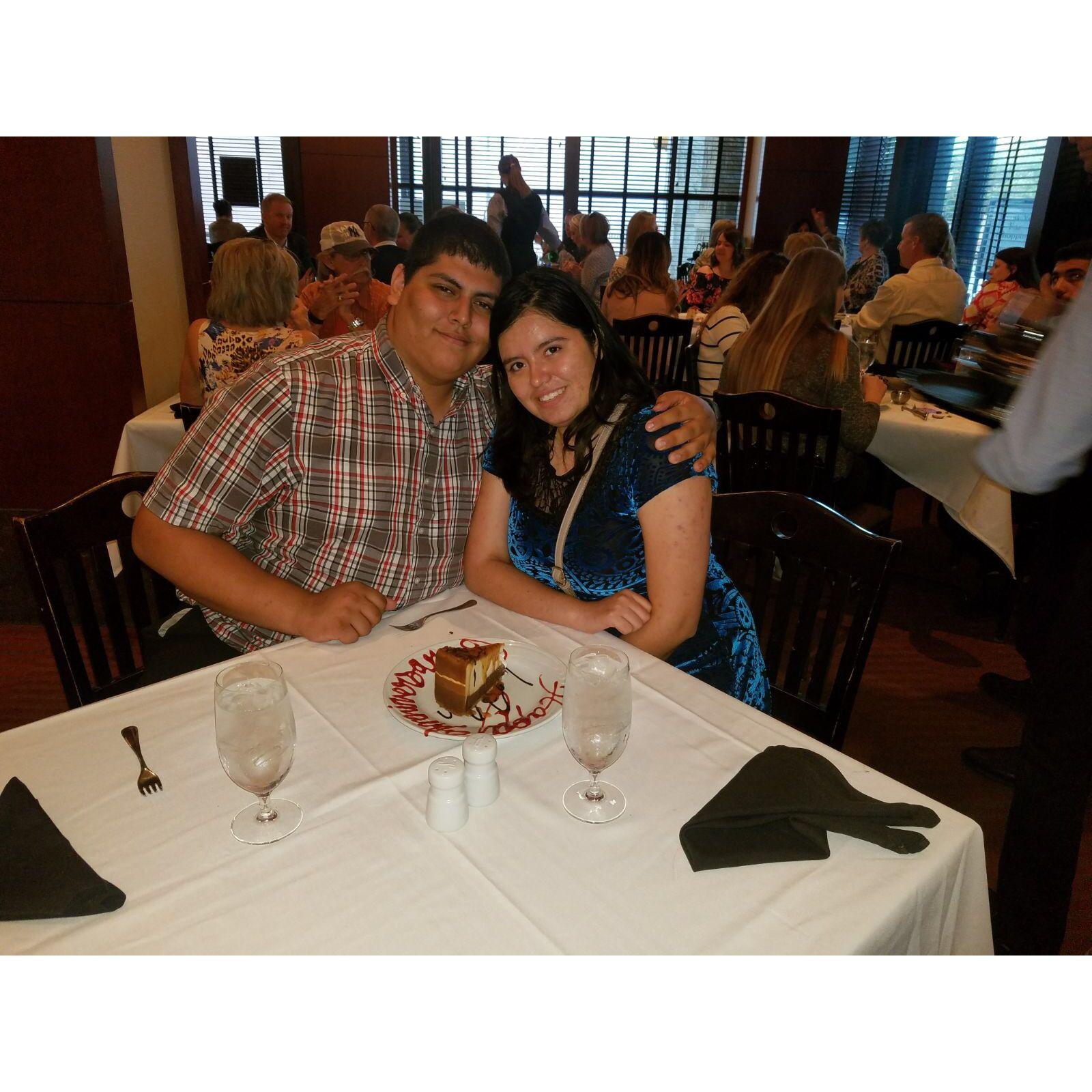 Our 1st anniversary...? We go to a Brazilian Steakhouse every anniversary so it's kinda hard to tell...definitely before our 5th year though....we're like 90% certain it's our first :D