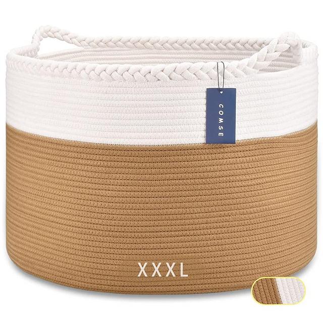 COMSE Extra Large Blanket Basket, Storage Basket, Large Laundry Basket, 21.7”x 13.8”, Cotton Rope Basket, Blanket Storage for Living Room, Toy Basket, Woven Basket, Clothes Baskets, White/Camel