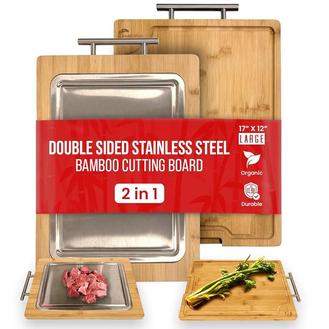 Stainless Steel Cutting Board, Large Double Sided Bamboo Cutting Board With Handle & Juice Groove, Bamboo Charcuterie Boards, Durable Metal Cutting Board, Wooden Cutting Boards For Kitchen